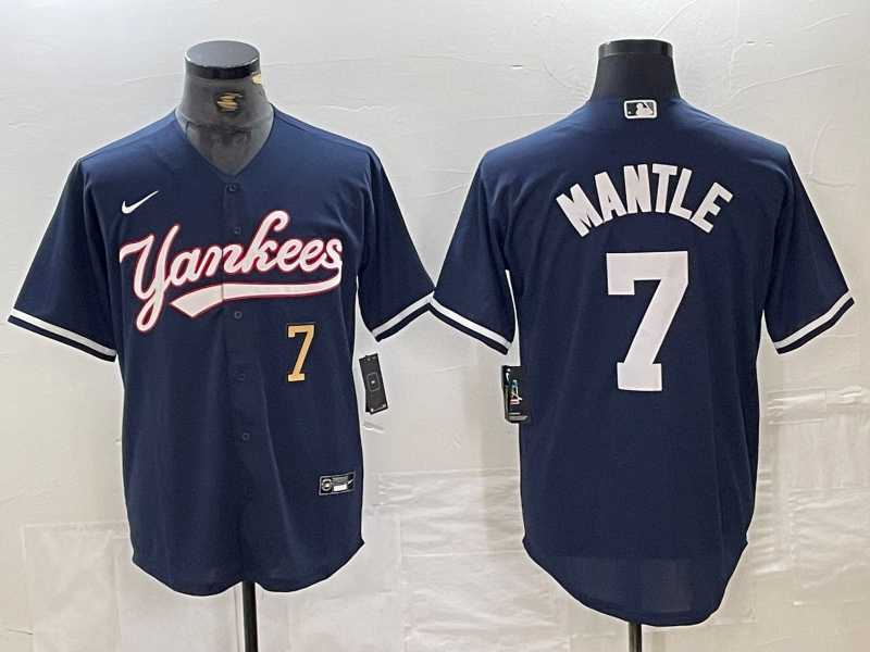 Mens New York Yankees #7 Mickey Mantle Number Navy With Patch Cool Base Stitched Baseball Jersey->new york yankees->MLB Jersey